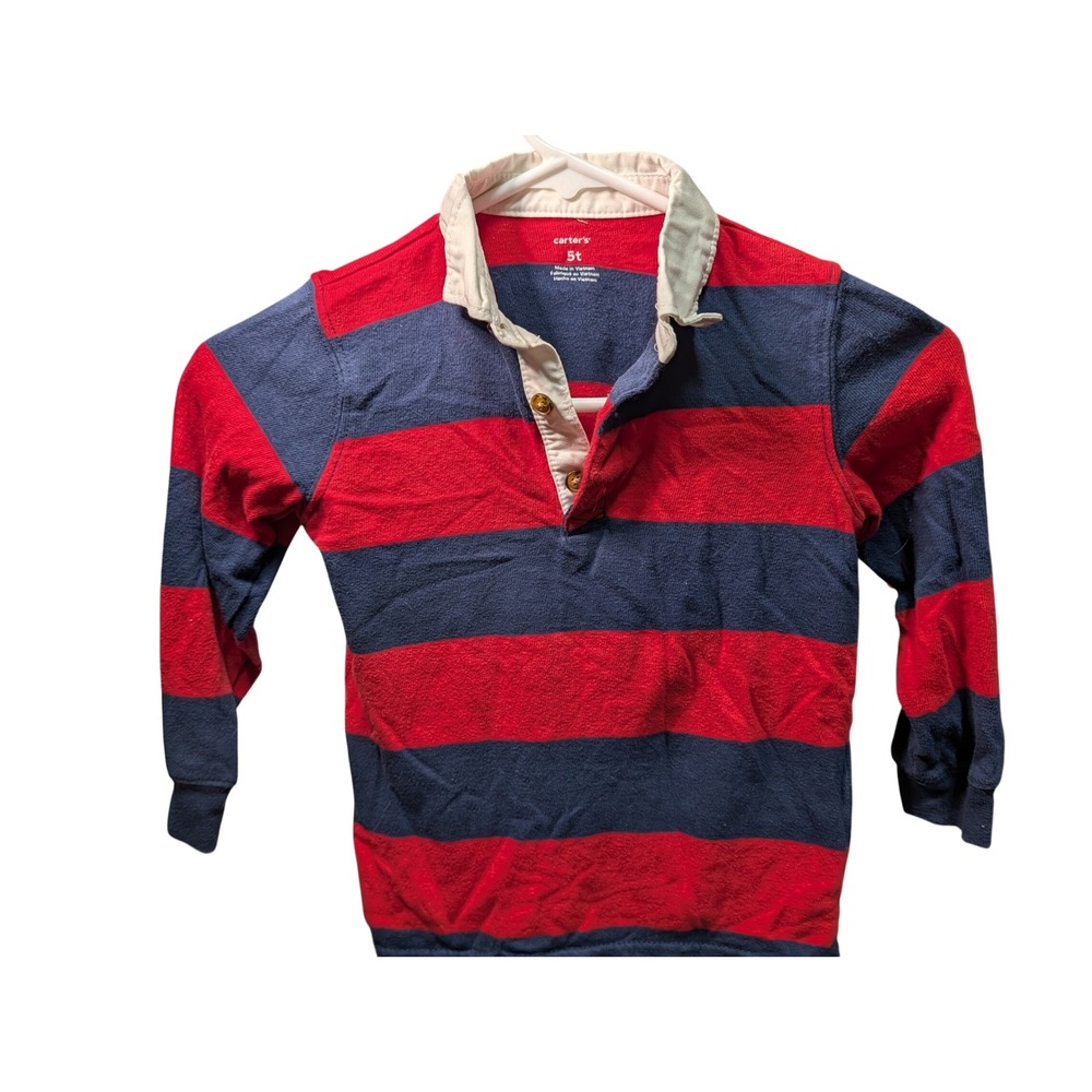 Carter's Rugby Shirt Toddler 5T Red Navy Blue Excellent Striped Long Sleeve